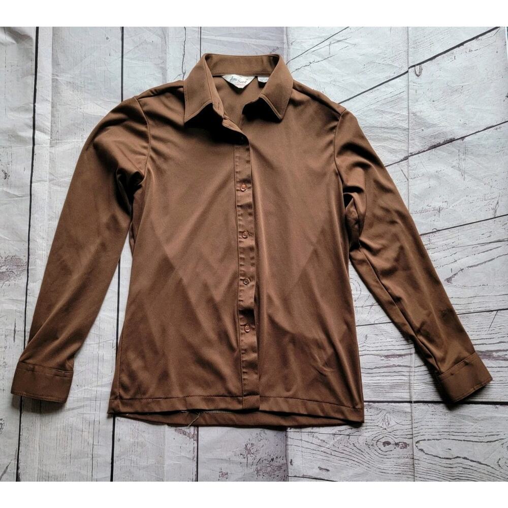 Vintage Amy Barr Woman's Polyester Brown Button Up Blouse Size M